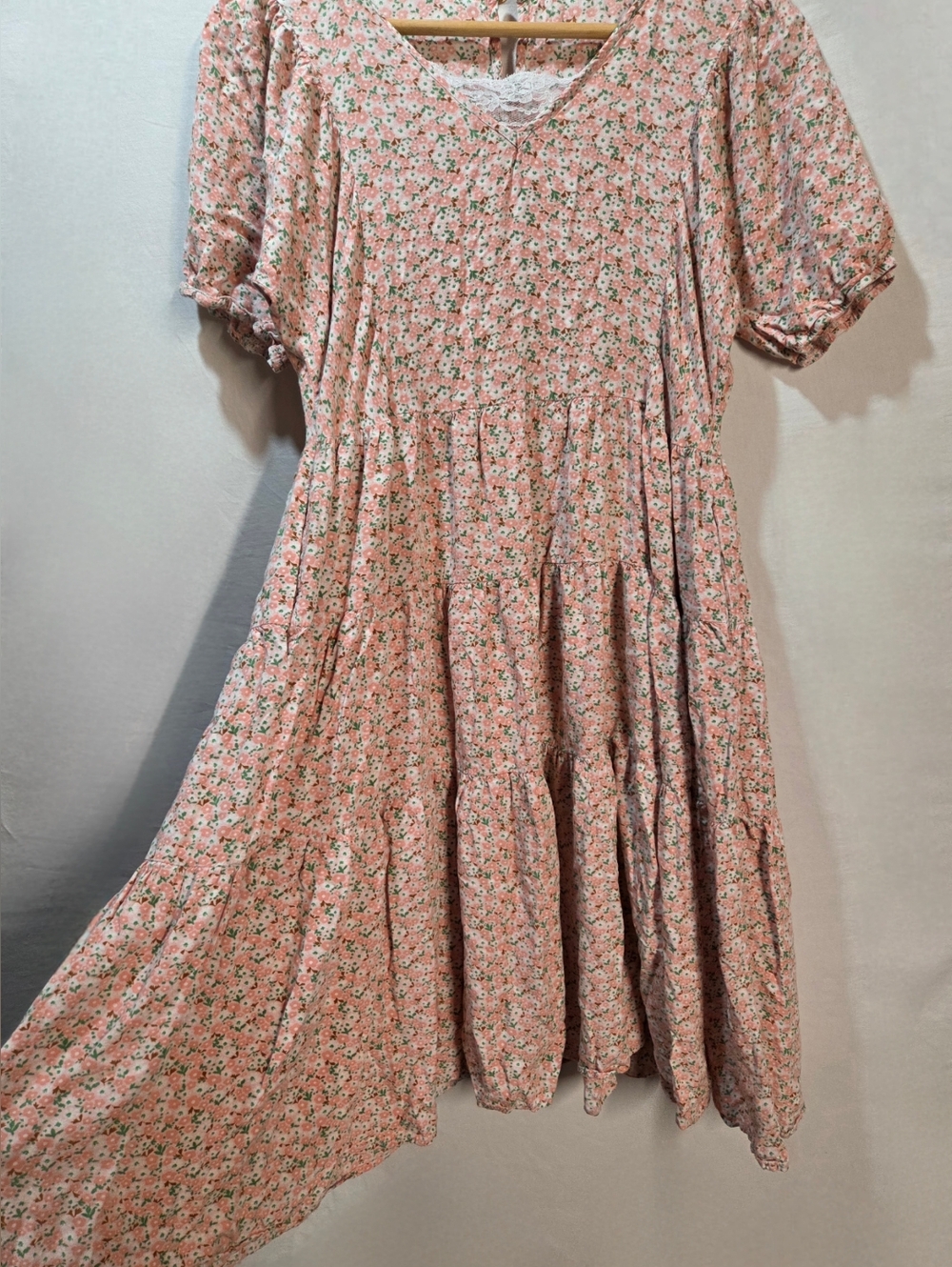 Pink Floral Print Cottagecore Loose Fit Midi Dress Tiered Ruffled Skirt Pockets - Picture 2 of 7